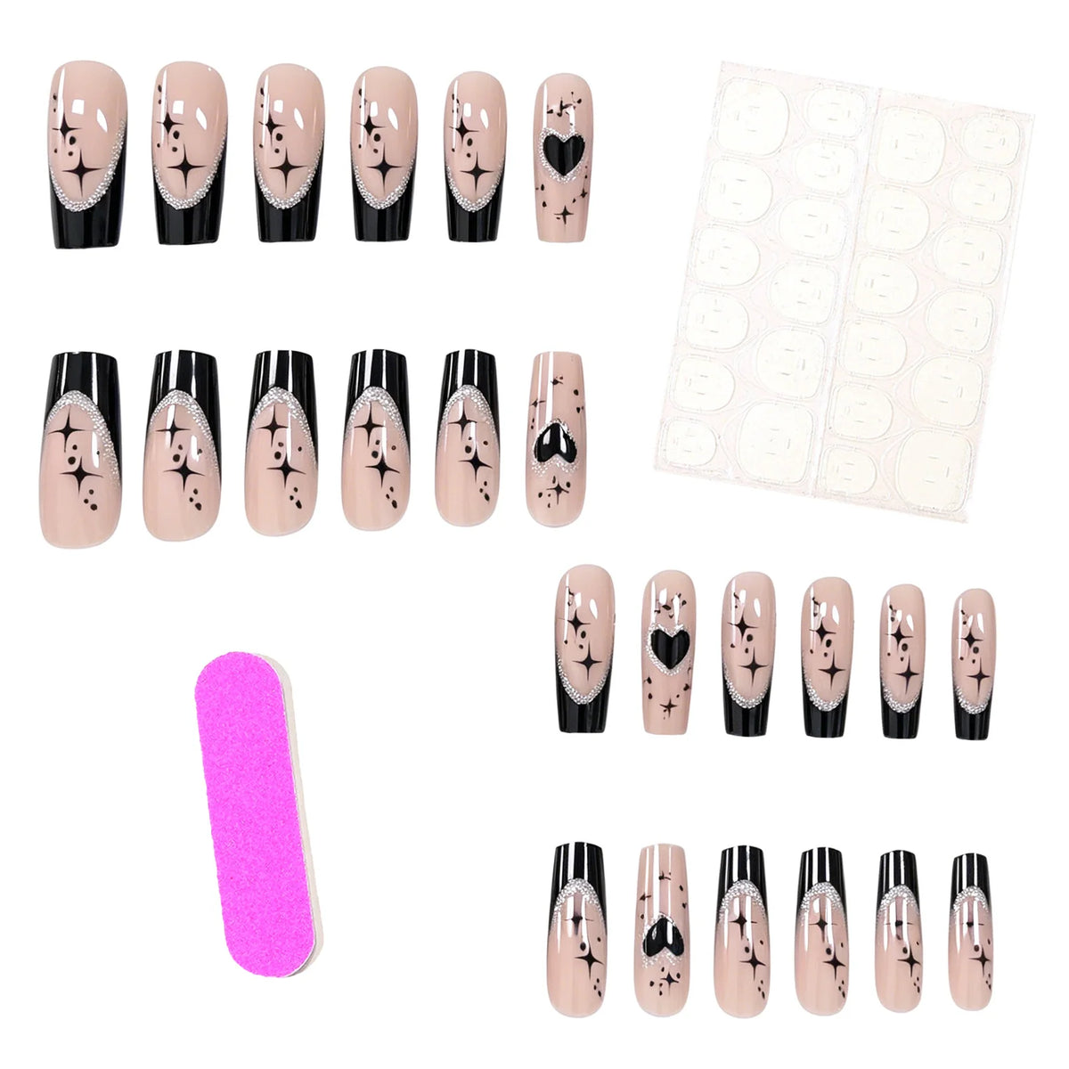 Press-On Nails Heart-Embellished Glossy Salon-Quality Set of 24
