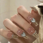 Press-On Nails Heart-Embellished Glossy Silver