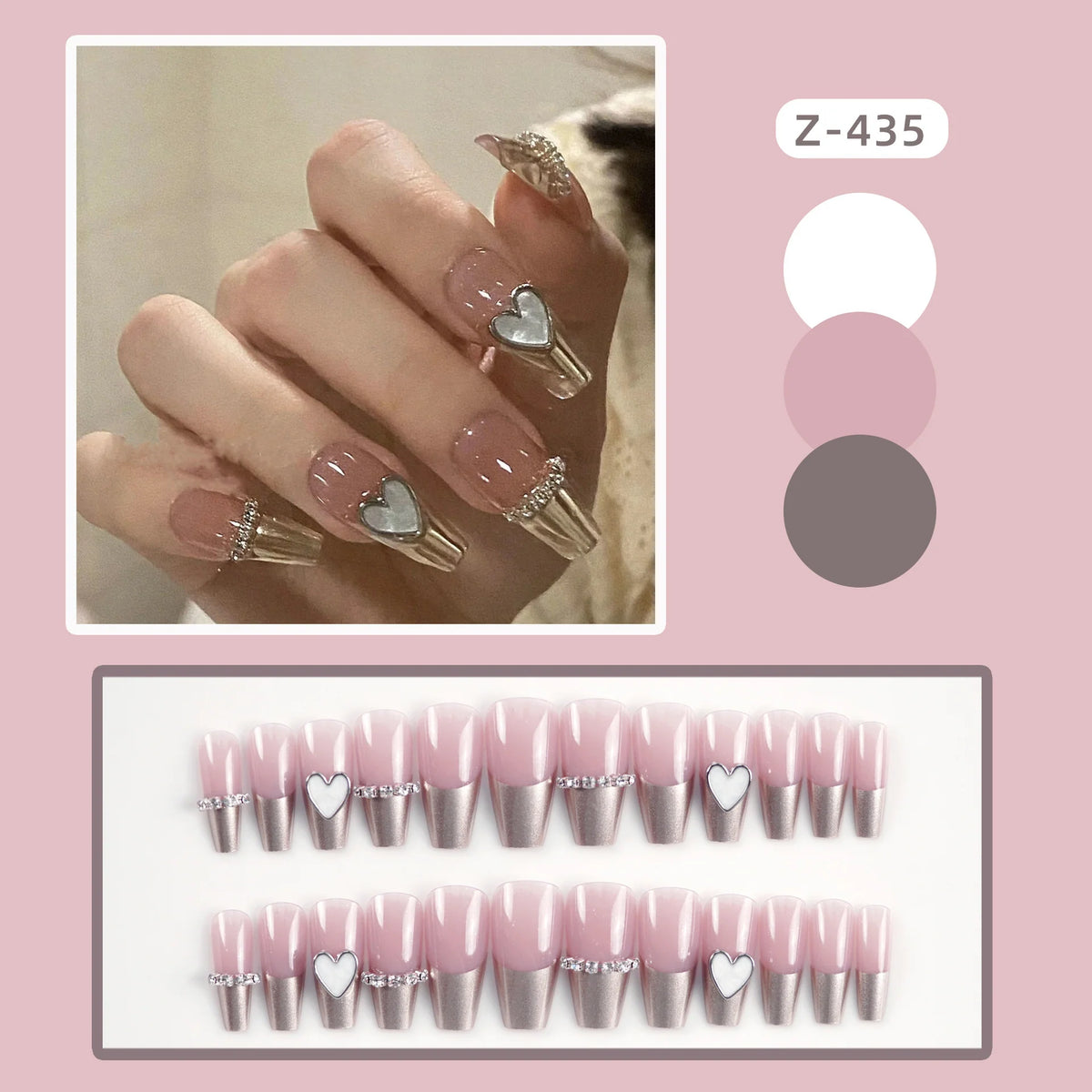 Press-On Nails Heart-Embellished Glossy Silver