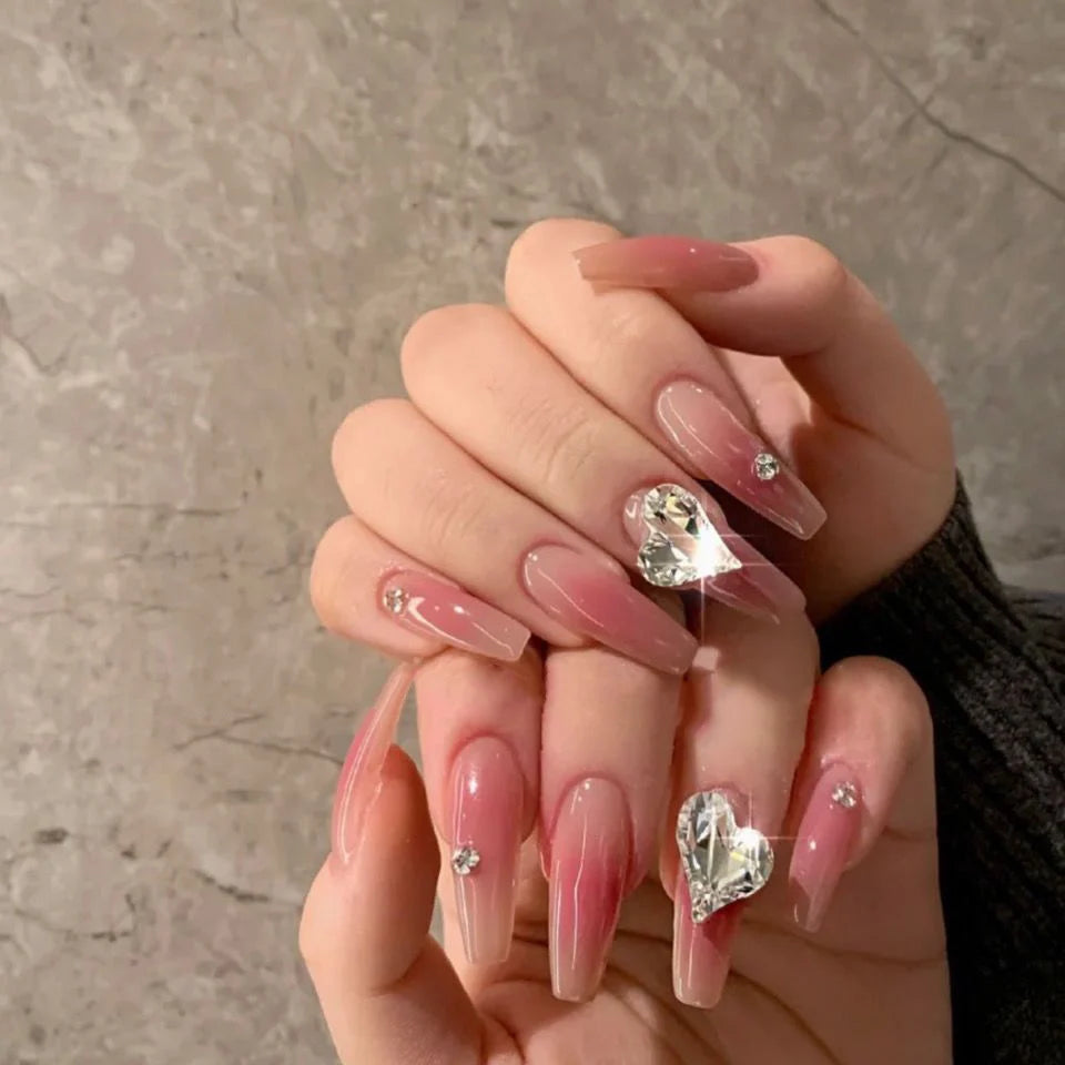 Press-On Nails Heart Rhinestones Self-Adhesive & Long-Lasting