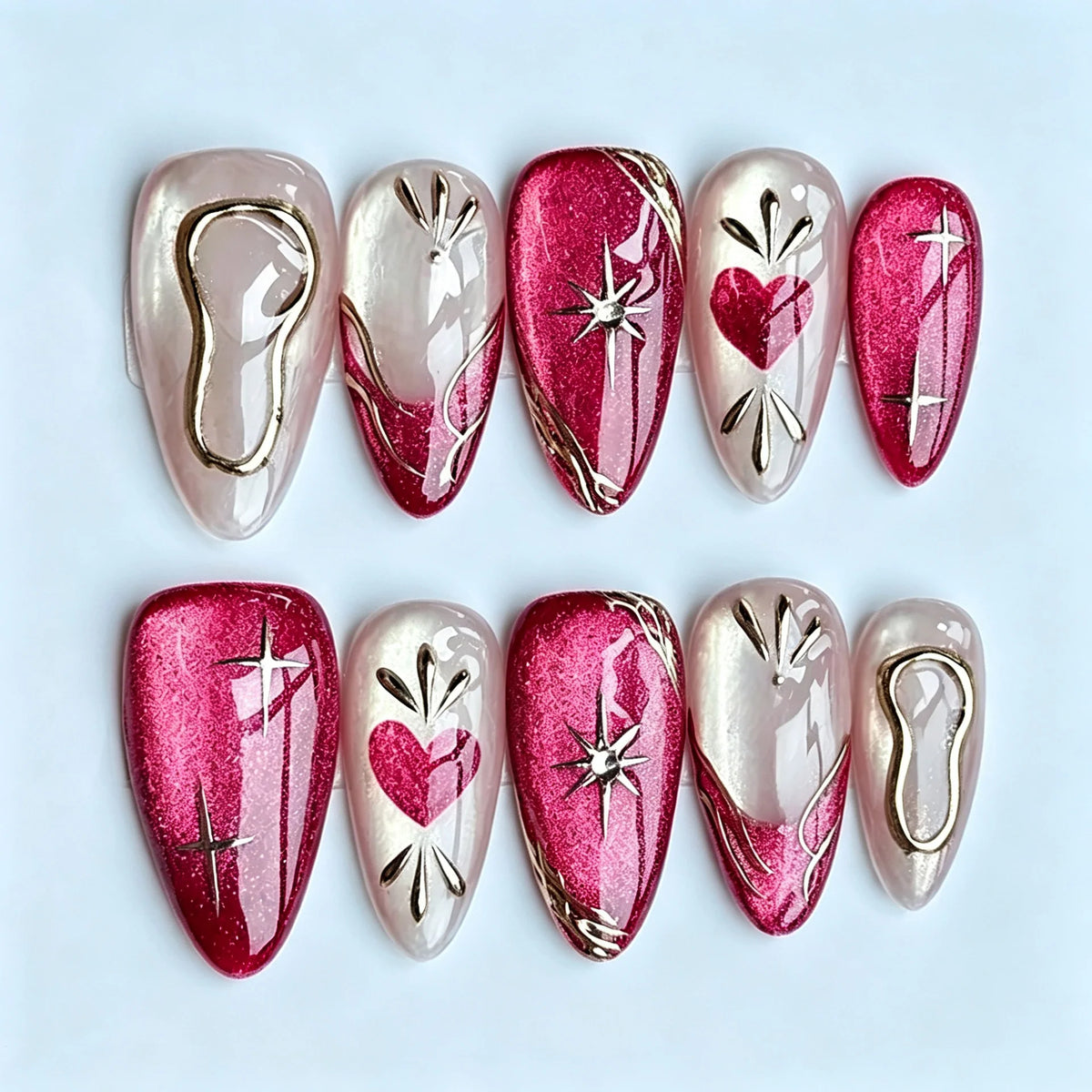 Press-On Nails Heart & Star Gold Accents Easy Application
