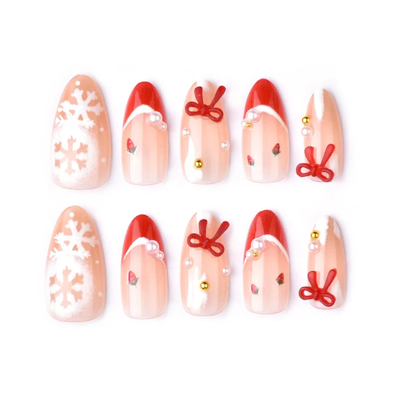 Press-On Nails Holiday Snowflake & Bow Easy Application Long-Lasting