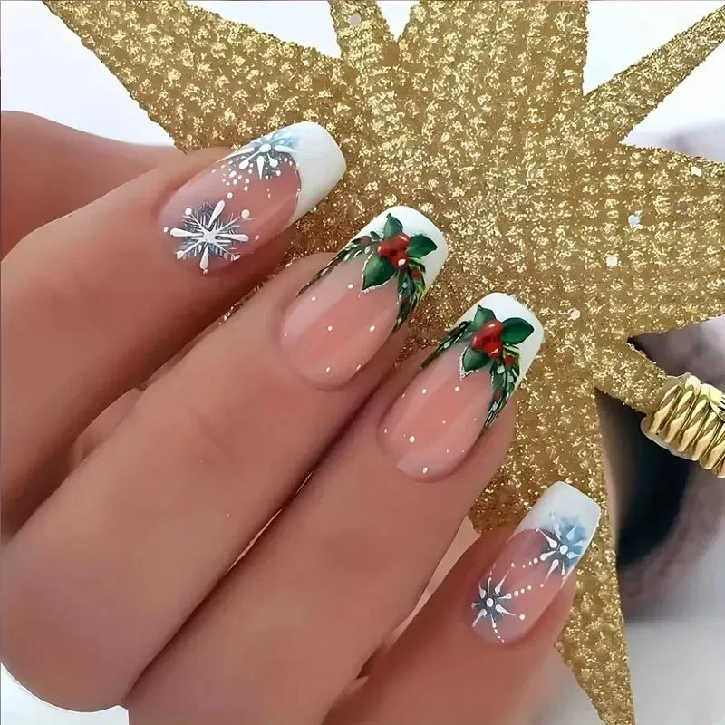 Press-On Nails Holiday Snowflake & Holly Easy Apply Long-Lasting