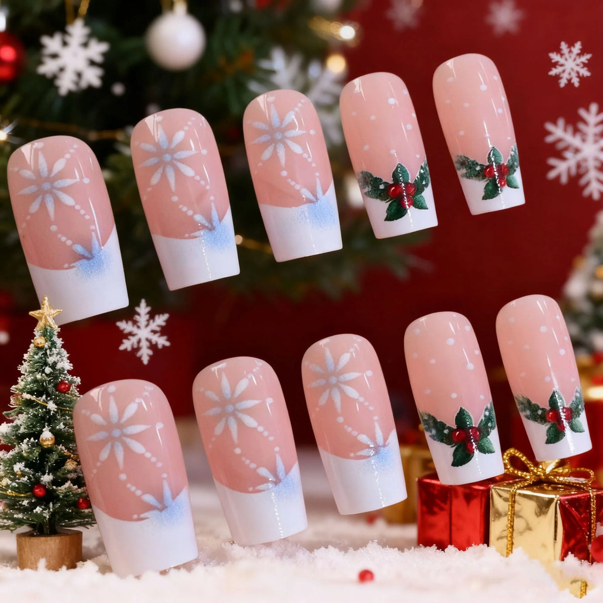 Press-On Nails Holiday Snowflake & Holly Easy Apply Long-Lasting