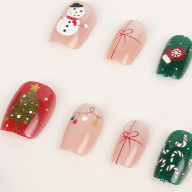 Press-On Nails Holiday Snowman & Gingerbread Easy Adhesive