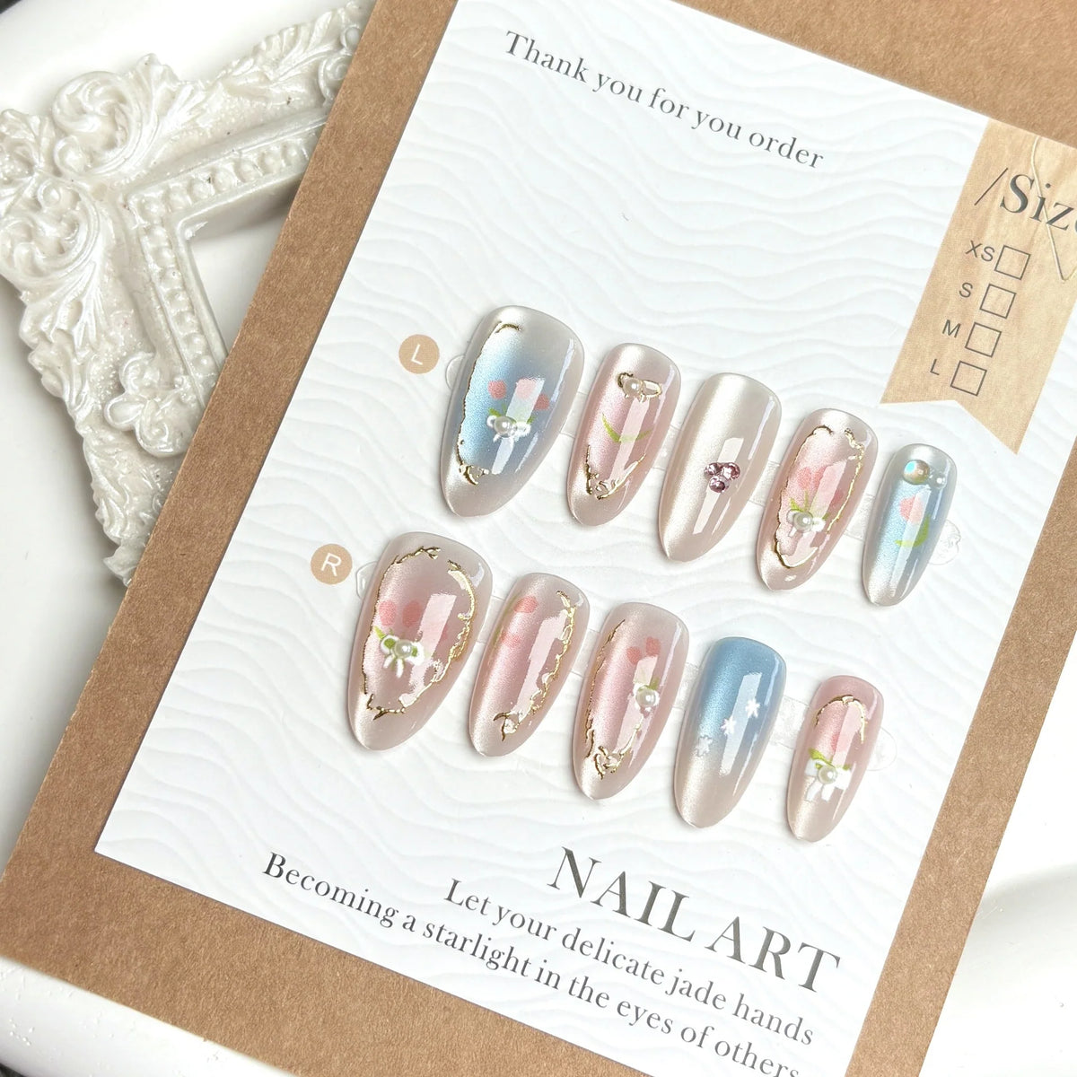 Press-On Nails Intricate Floral Gold Accents Multiple Sizes