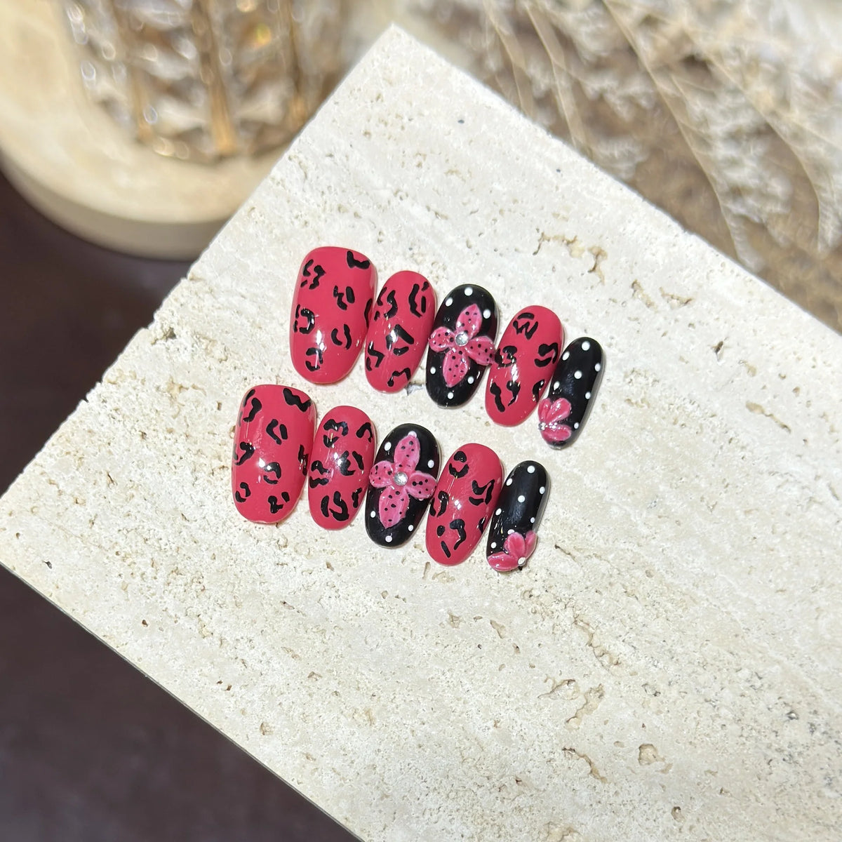 Press-On Nails Leopard Print & Floral Short Oval