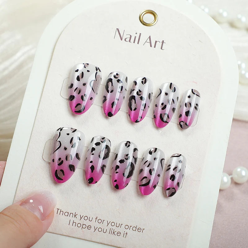 Press-On Nails Leopard Print Pink Gradient Easy Application
