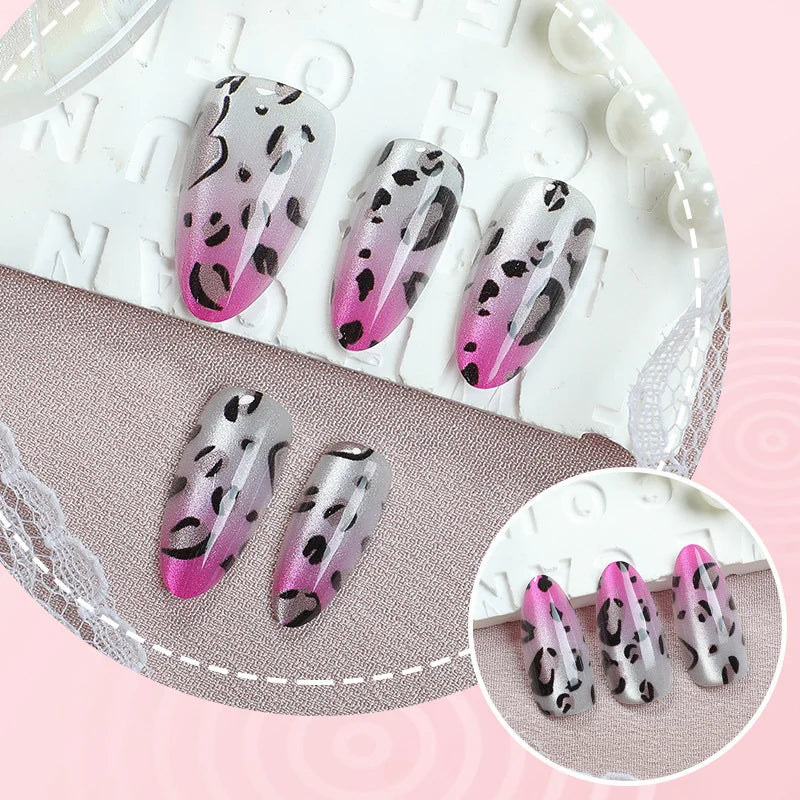 Press-On Nails Leopard Print Pink Gradient Easy Application