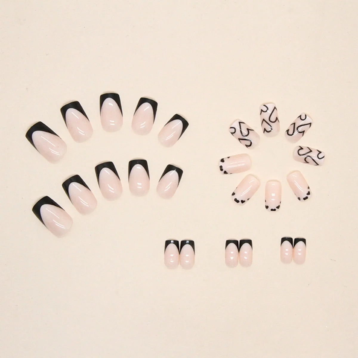 Press-On Nails Light Blue Heart Ombre Black Tips