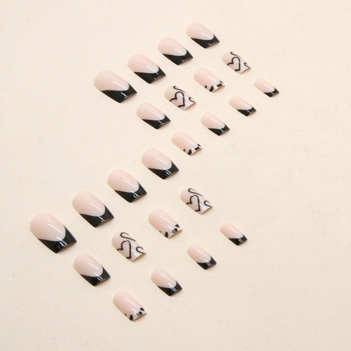 Press-On Nails Light Blue Heart Ombre Black Tips