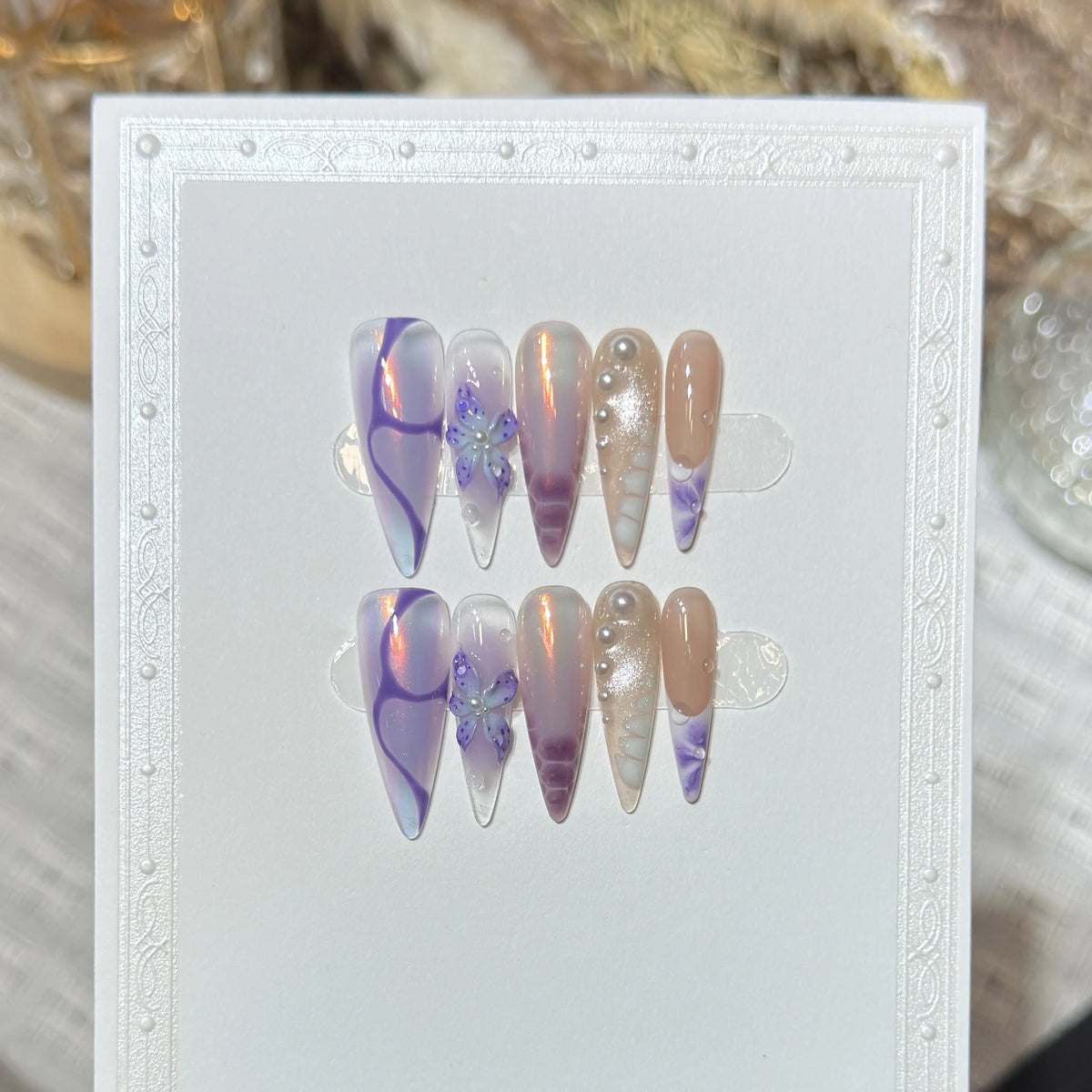 Press-On Nails Long Almond Floral Accent Reusable