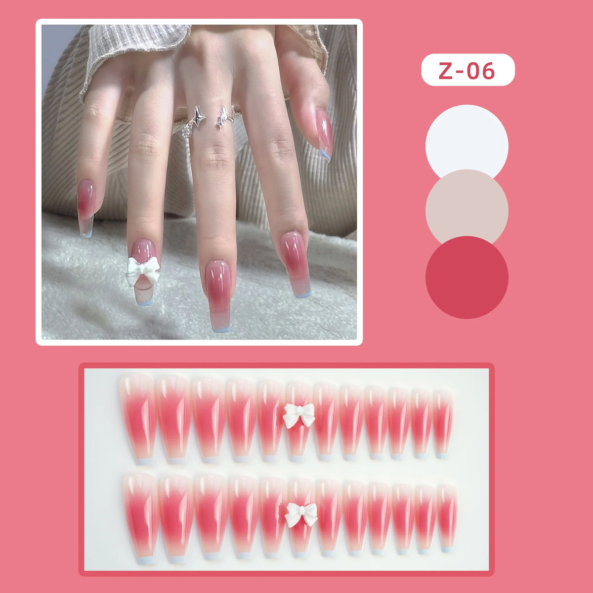 Press-On Nails Long Coffin Ombre Bow Glue-On