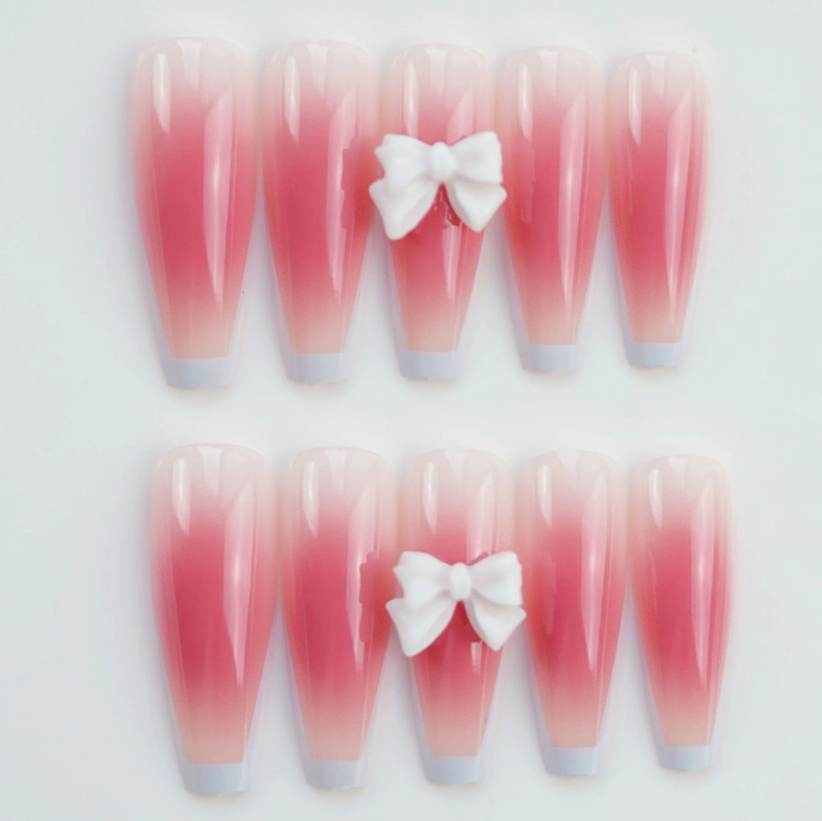 Press-On Nails Long Coffin Ombre Bow Glue-On