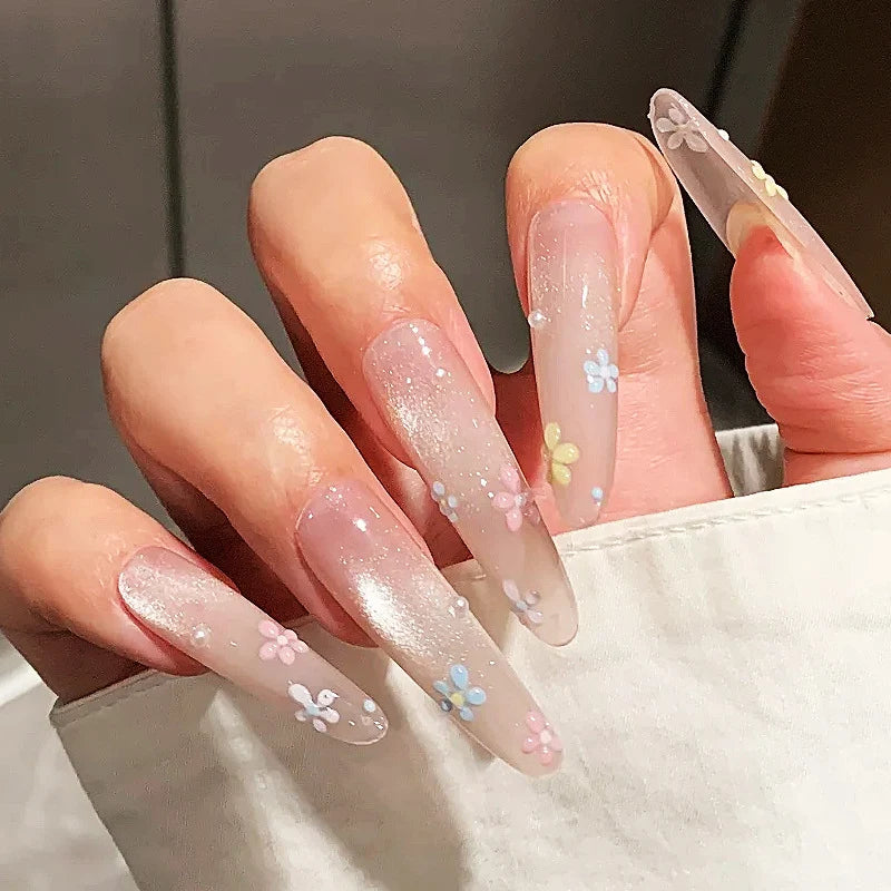Press-On Nails Long Stiletto Floral Acrylic