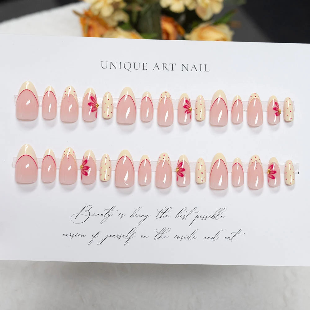 Press-On Nails Long Stiletto Floral & Pastel Yellow Reusable