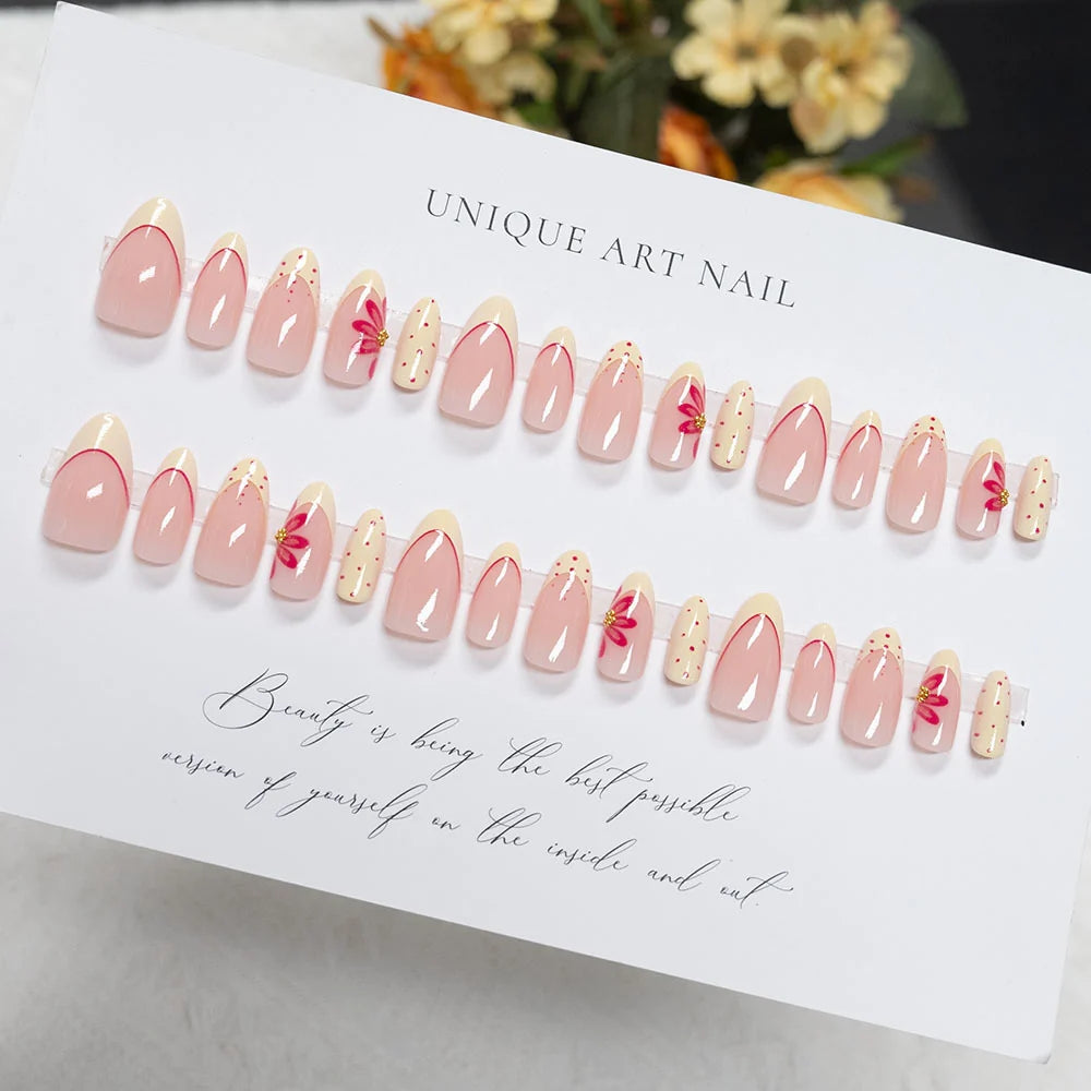 Press-On Nails Long Stiletto Floral & Pastel Yellow Reusable