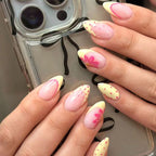 Press-On Nails Long Stiletto Floral & Pastel Yellow Reusable