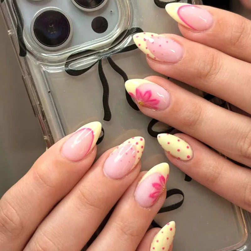 Press-On Nails Long Stiletto Floral & Pastel Yellow Reusable