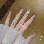 Press-On Nails Long Stiletto Glue-On Pink Silver