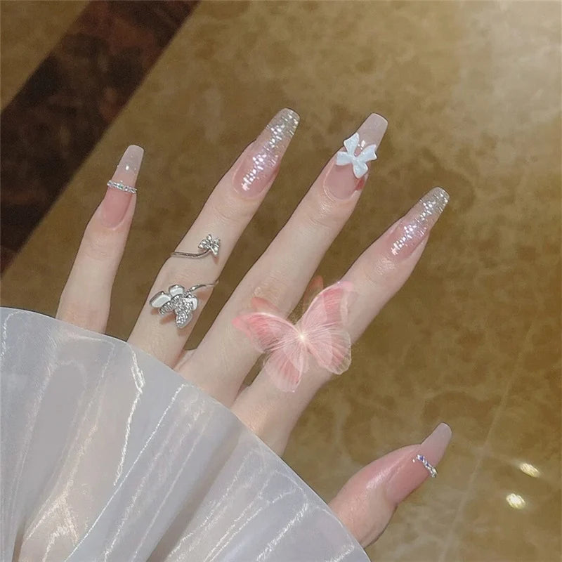 Press-On Nails Long Stiletto Glue-On Pink Silver