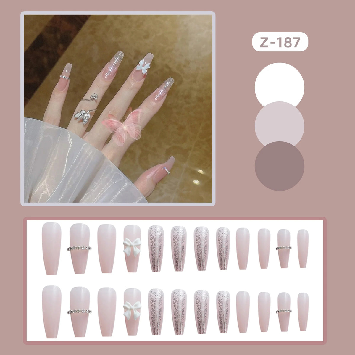 Press-On Nails Long Stiletto Glue-On Pink Silver