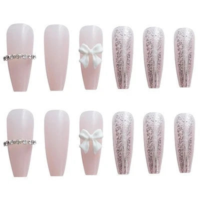 Press-On Nails Long Stiletto Glue-On Pink Silver