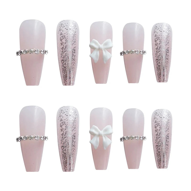 Press-On Nails Long Stiletto Glue-On Pink Silver