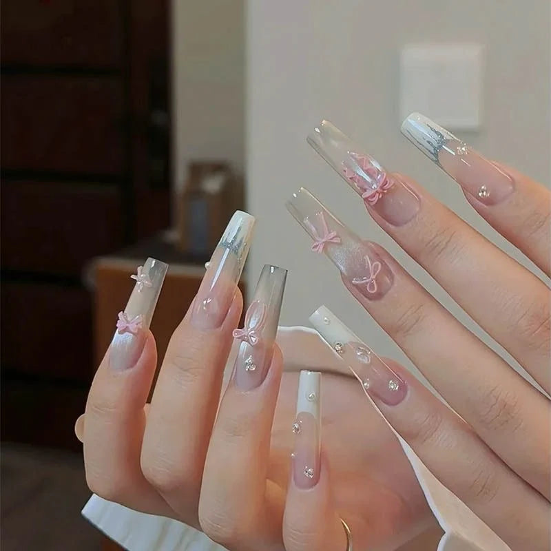 Press-On Nails Long Stiletto Intricate Designs Reusable