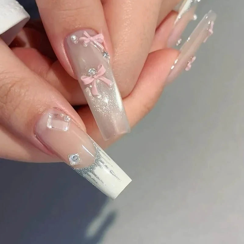Press-On Nails Long Stiletto Intricate Designs Reusable