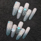 Press-On Nails Long Stiletto Peacock Blue Starfish Glue-Free