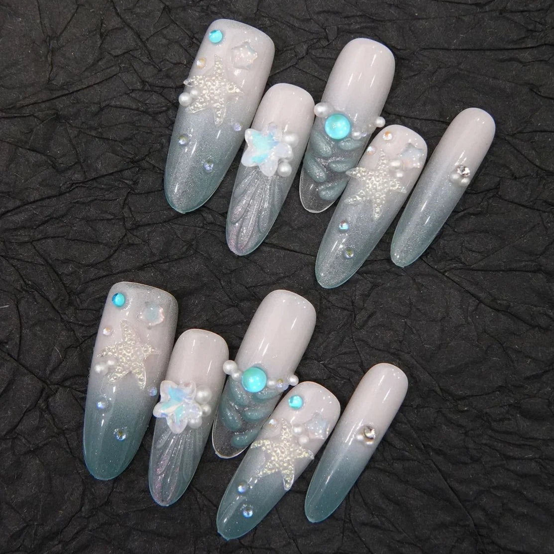 Press-On Nails Long Stiletto Peacock Blue Starfish Glue-Free