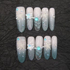 Press-On Nails Long Stiletto Peacock Blue Starfish Glue-Free