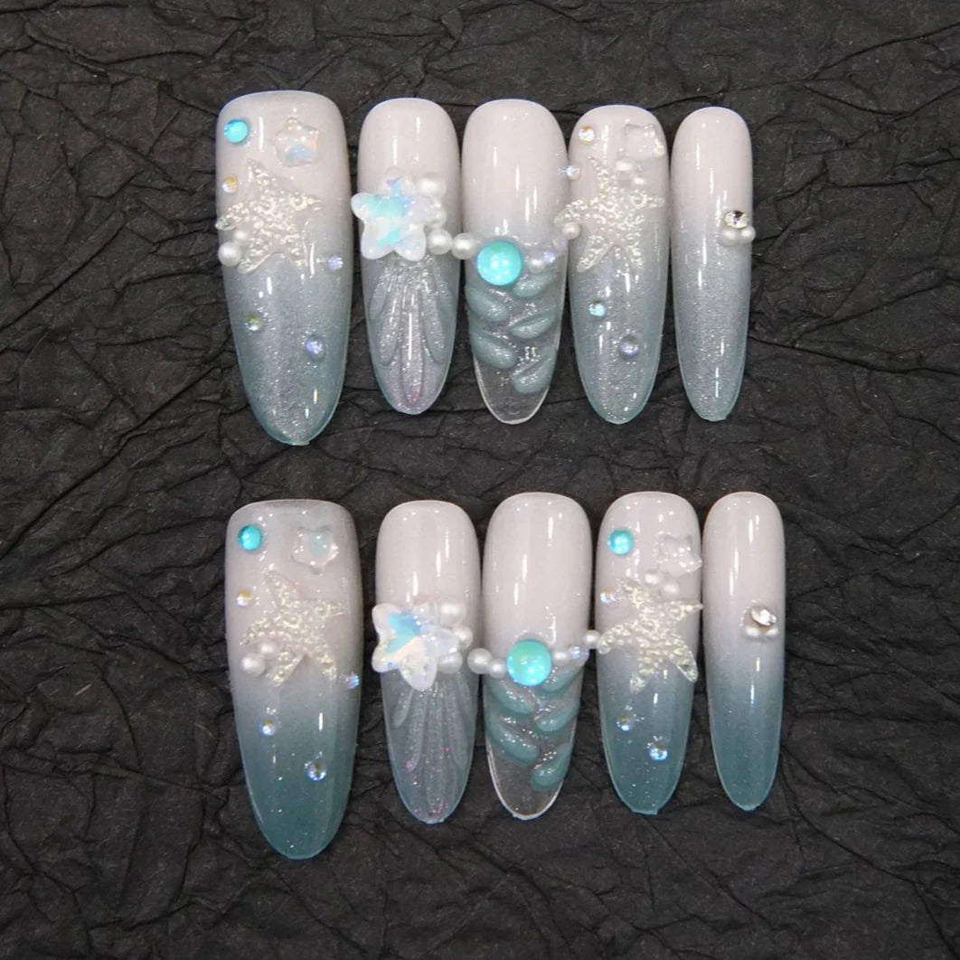 Press-On Nails Long Stiletto Peacock Blue Starfish Glue-Free