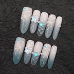 Press-On Nails Long Stiletto Peacock Blue Starfish Glue-Free