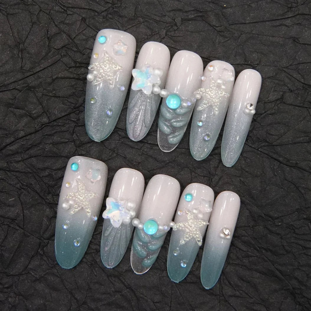 Press-On Nails Long Stiletto Peacock Blue Starfish Glue-Free