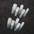 Press-On Nails Long Stiletto Peacock Blue Starfish Glue-Free