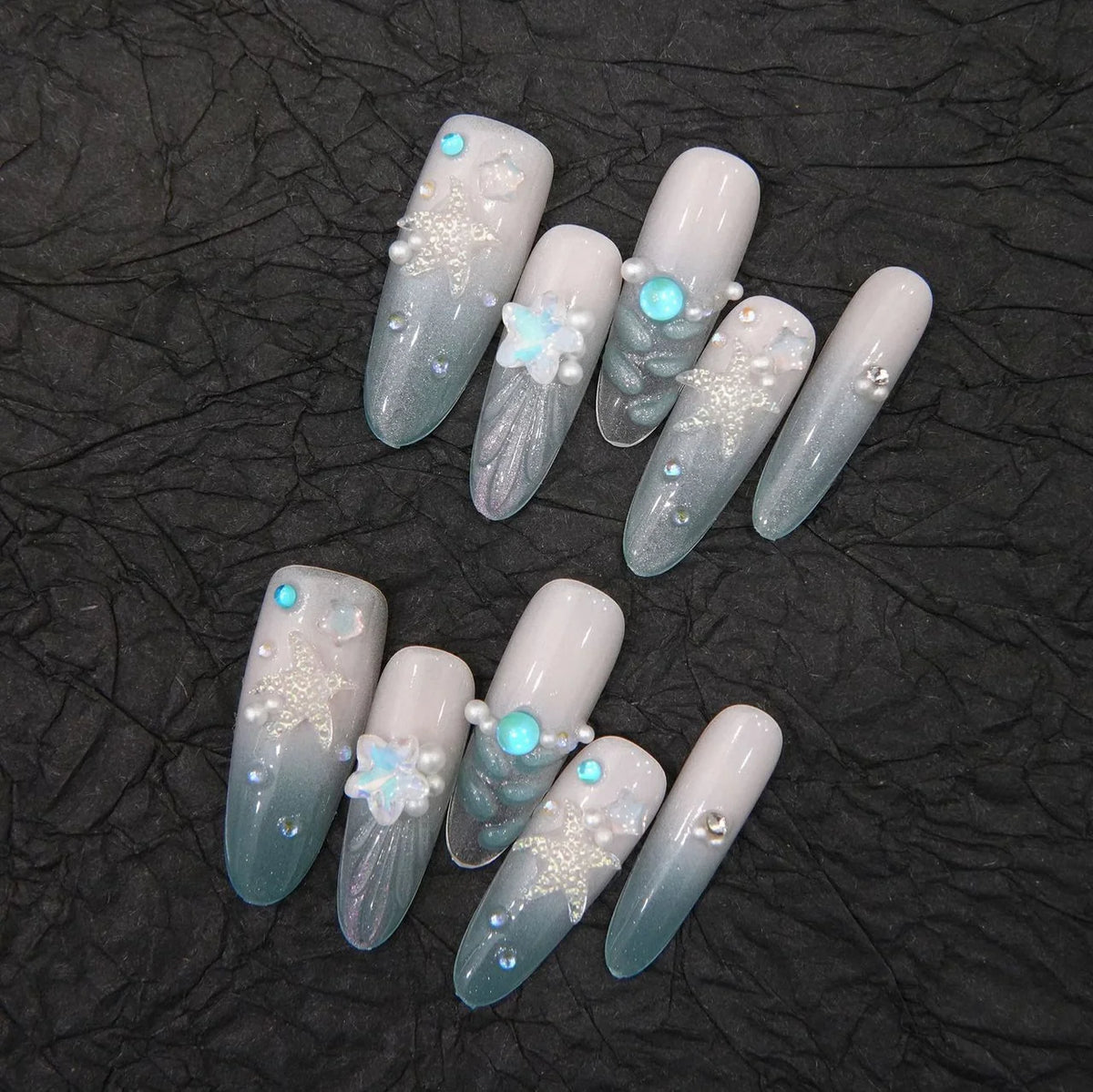 Press-On Nails Long Stiletto Peacock Blue Starfish Glue-Free