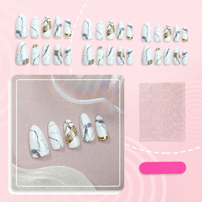Press-On Nails Marble With Gold Accents & Self-Adhesive