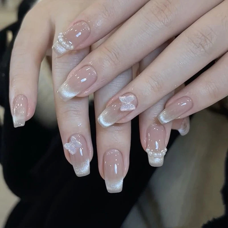Press-On Nails Nude White Tips With Application Kit