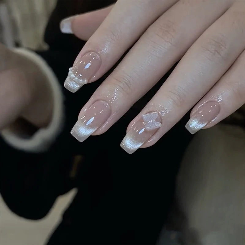 Press-On Nails Nude White Tips With Application Kit