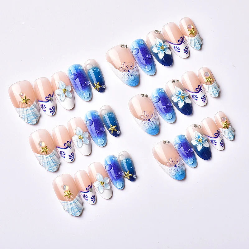 Press-On Nails Ocean-Inspired Reusable Easy Application