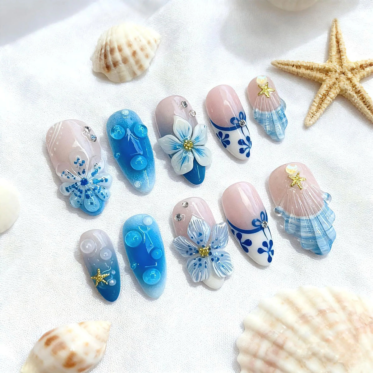 Press-On Nails Ocean-Inspired Reusable Easy Application