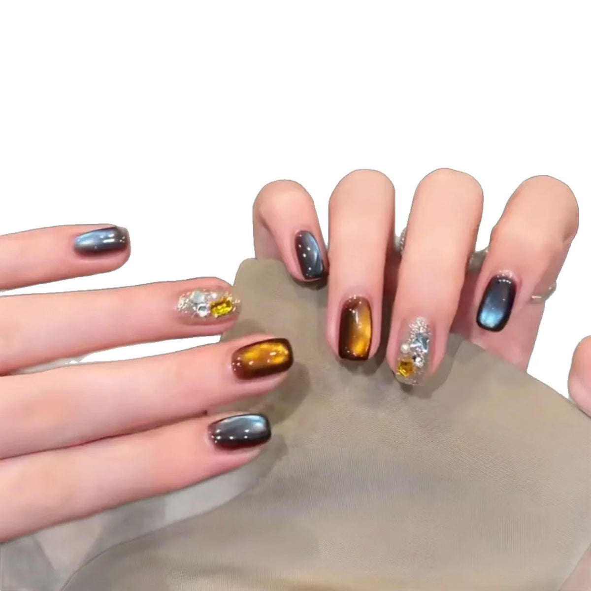 Press-On Nails Ombre Gradient Metallic Accents Long-Lasting