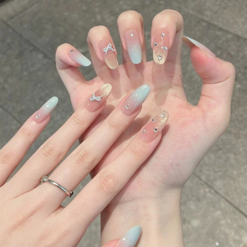 Press-On Nails Ombre Jeweled & Bow Reusable