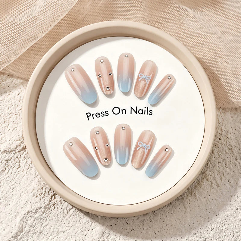 Press-On Nails Ombre Jeweled & Bow Reusable