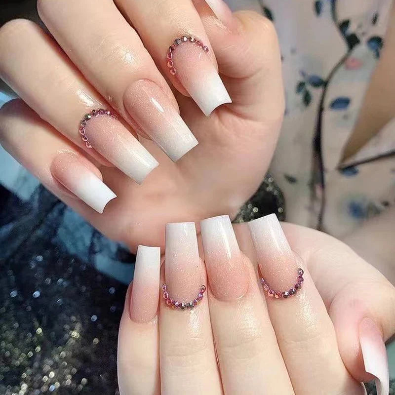 Press-On Nails Ombre Rhinestone Glue-On