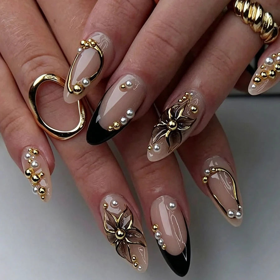 Press-On Nails Pearl & Gold Accents Easy Apply