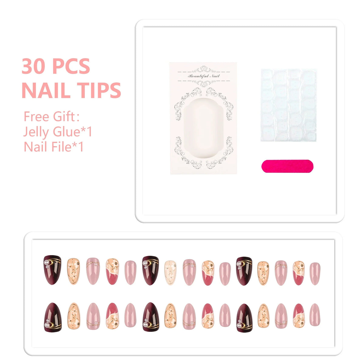 Press-On Nails Pearl & Gold Embellished Reusable
