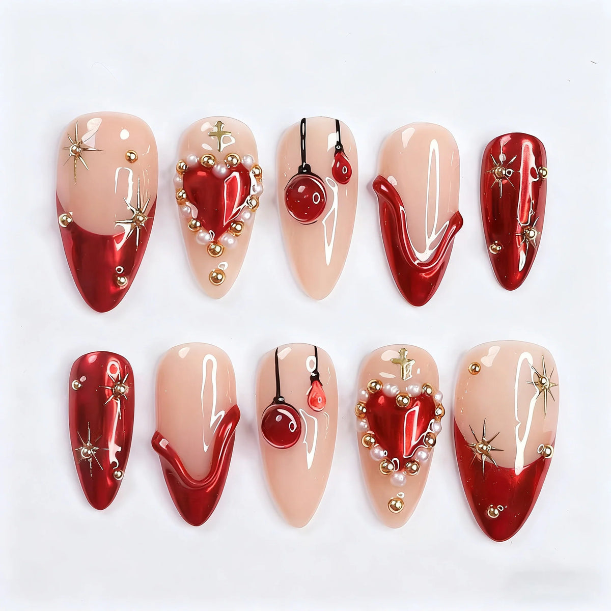 Press-On Nails Peel-Off Adhesive Heart Motif & Pearl Accents